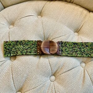 Beautiful handmade beaded green belt with wood buckle. Stretch. Size S